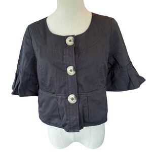 ETT:TWA Anthropologie Navy Blue Cropped Ruffle Jacket Size 4 Cotton Blazer twee